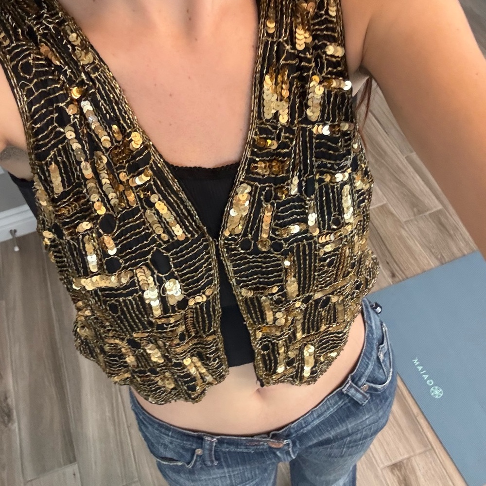 Vintage Sequin Black & Gold Cropped Vest